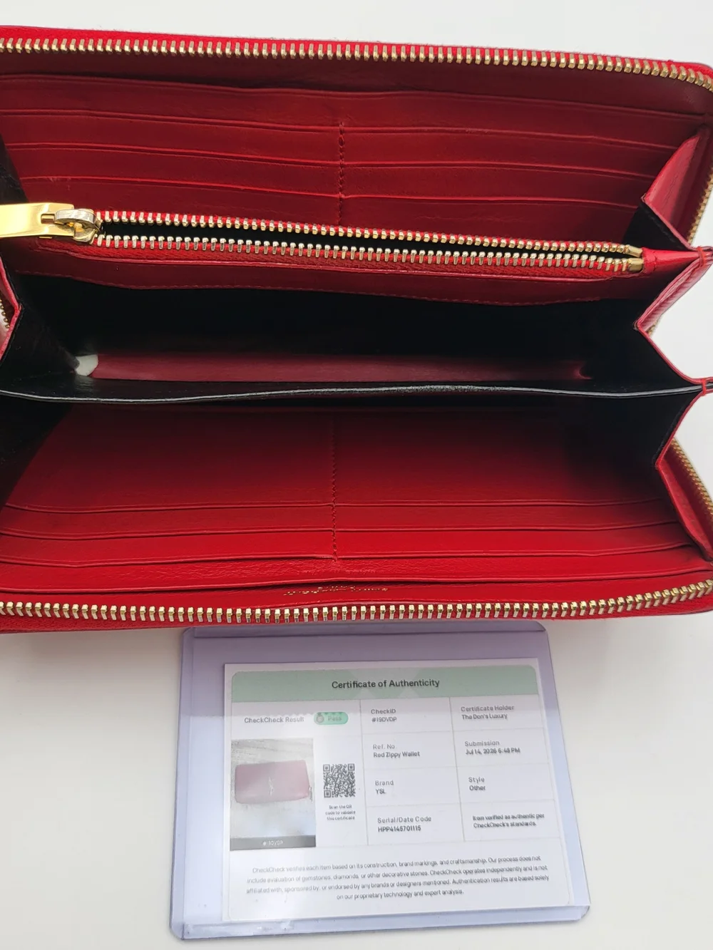 YVES SAINT LAURENT Ysl Line Calfskin Leather Cerise Long Wallet.Authentic w/COA.